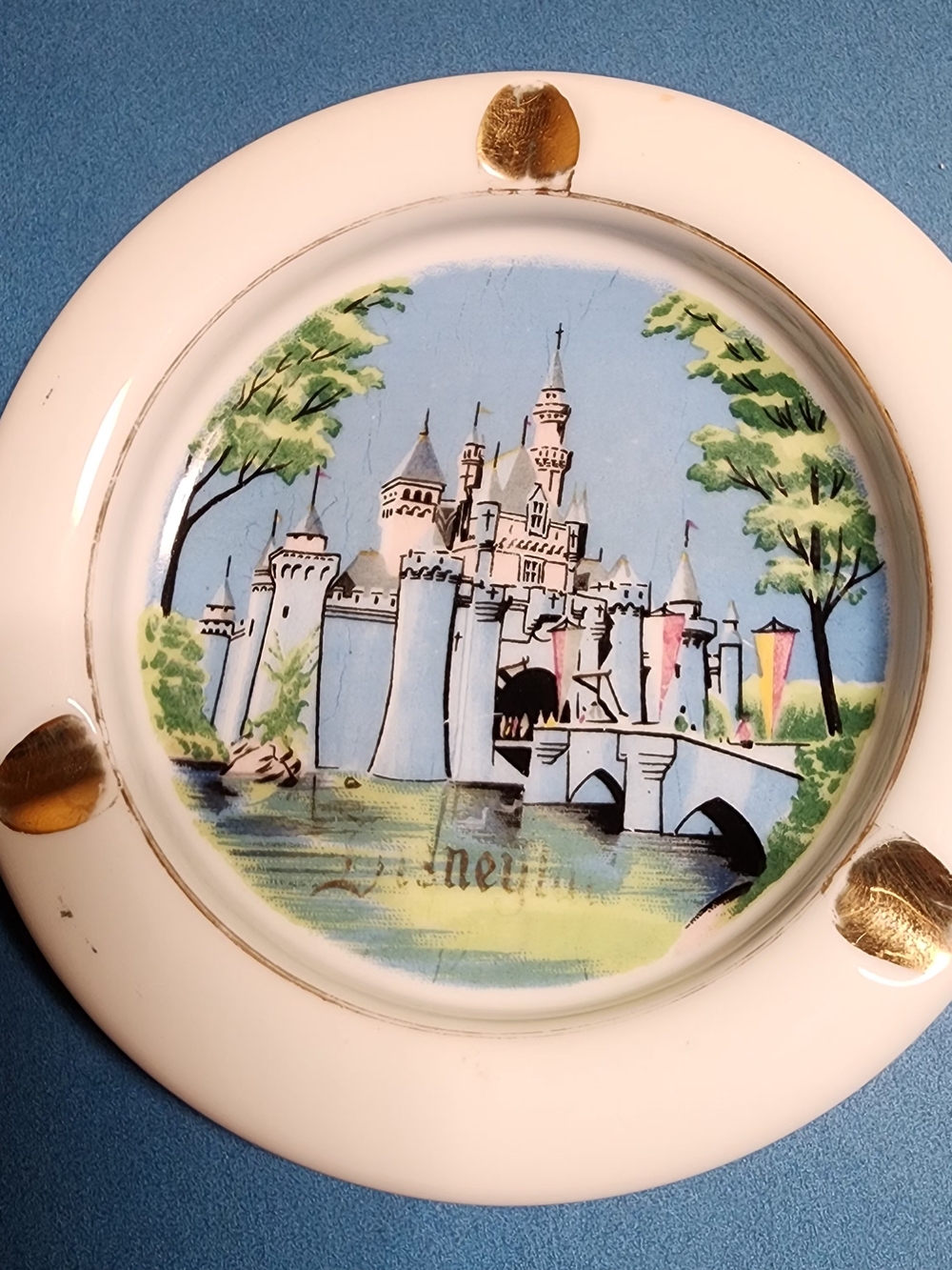Vintage Disneyland Castle Ashtray in White with Pastel Illustration